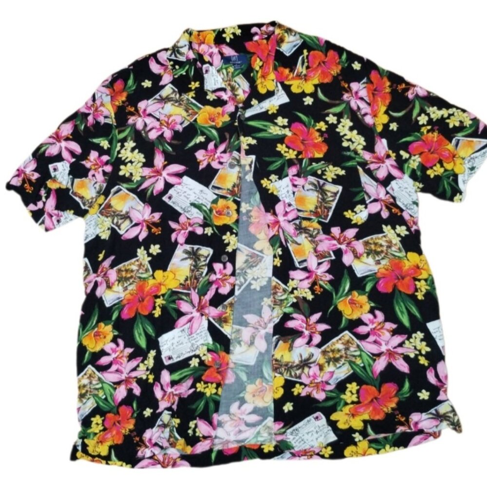 George Hawaiian Pink Hibiscus Postcard Mens Large Shirt (42-44)